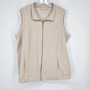 Susan Graver Vest Womens 1X Beige Sequin Zip Sleeveless Pockets Sparkle Bling